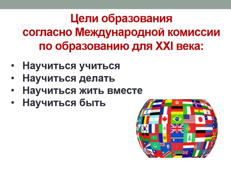 Цели образования согласно Международной комиссии по образованию для XXI века: Научиться учиться Научиться делать
